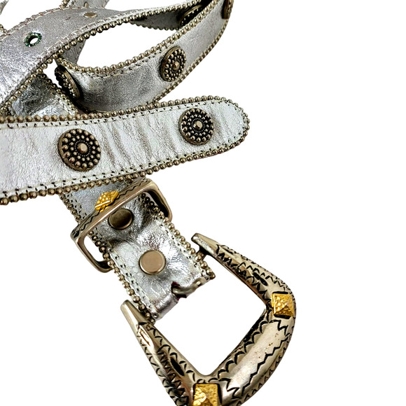 Silver Vintage 80's 90's Silver Gold Studded embellished 46 Inch Belt Large #599 - Picture 4 of 6